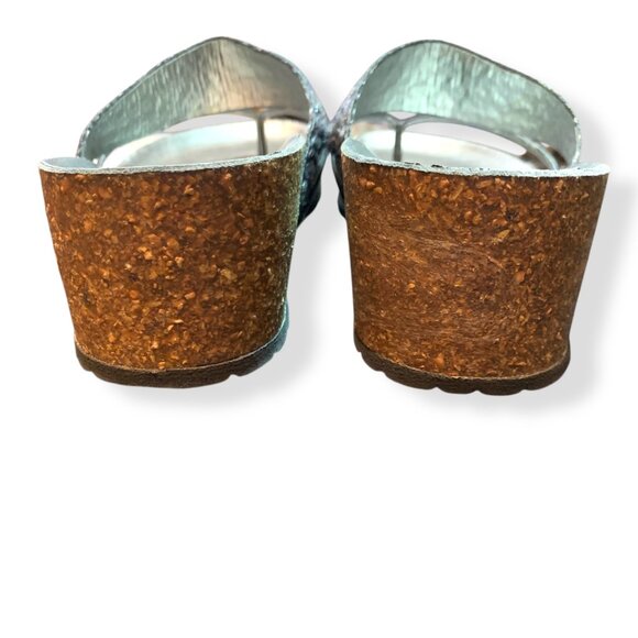 Italian Shoemakers Sandals Slide On Silver Metallic Embroidered Wedge 7.5 Boho - Picture 4 of 9